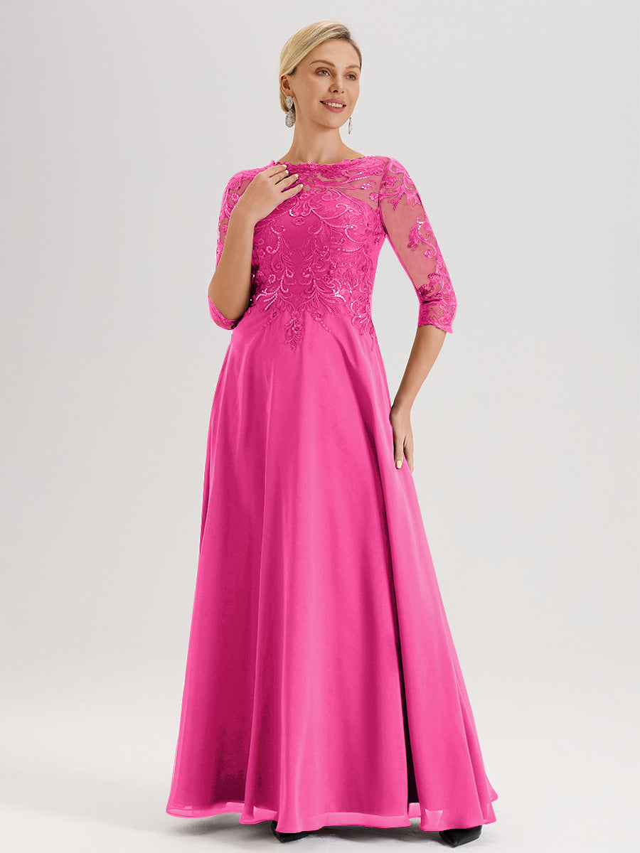 Cicinia Robe Mère De La Mariée Rose Fuchsia Col Ras Du Cou Manches Trois-Quarts En Chiffon Et Dentelle Longueur Au Sol