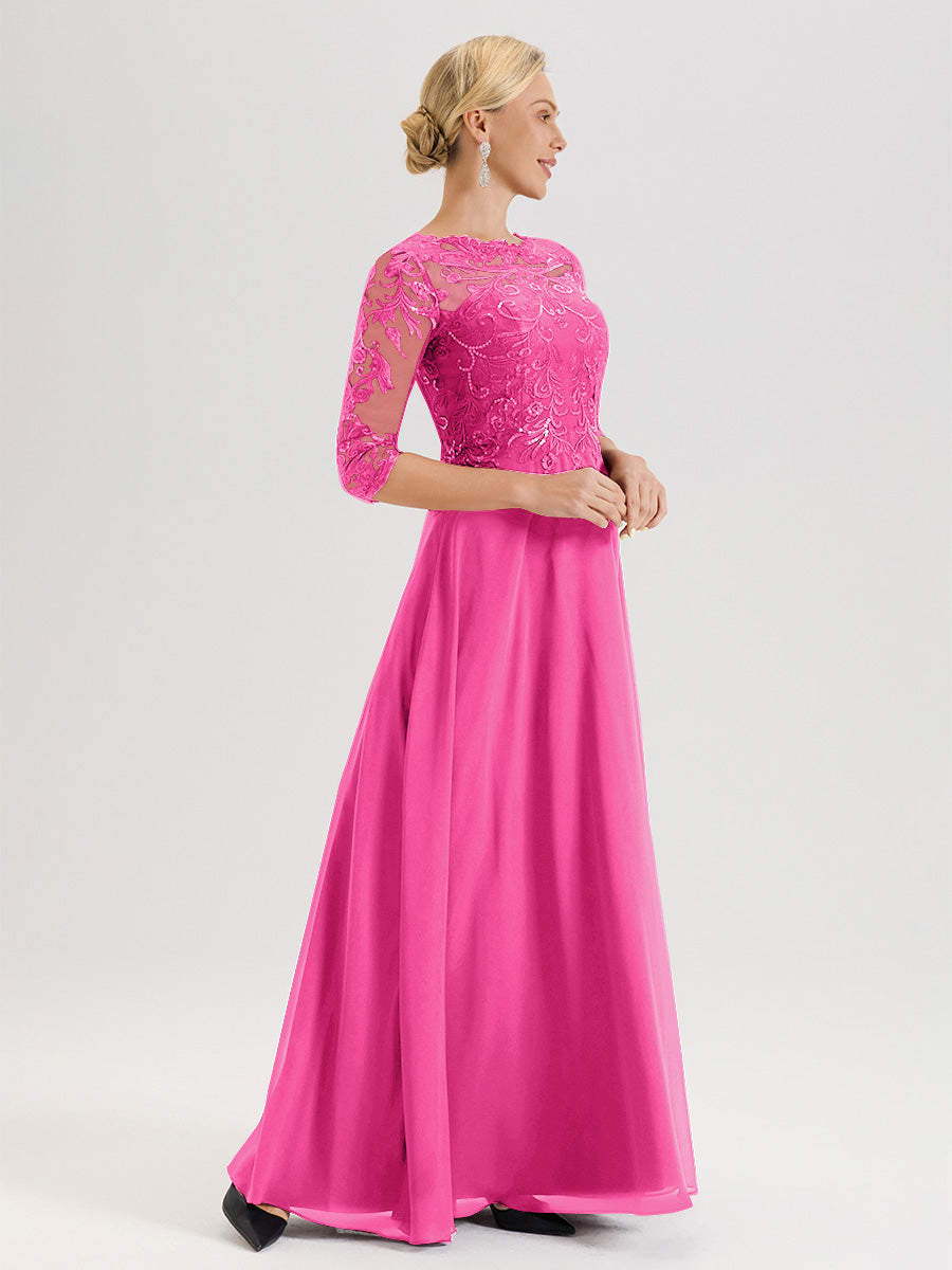 Cicinia Robe Mère De La Mariée Rose Fuchsia Col Ras Du Cou Manches Trois-Quarts En Chiffon Et Dentelle Longueur Au Sol