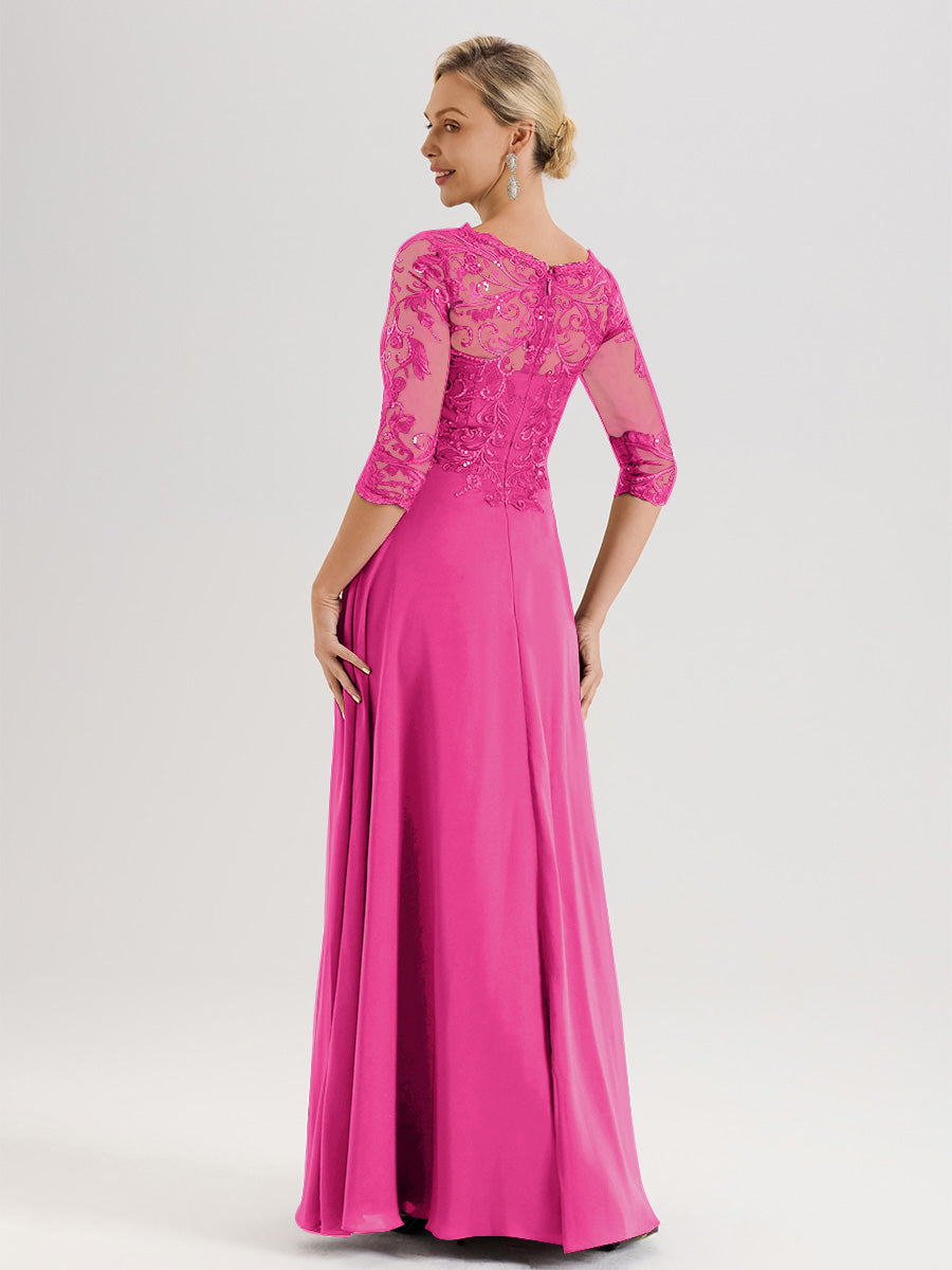 Cicinia Robe Mère De La Mariée Rose Fuchsia Col Ras Du Cou Manches Trois-Quarts En Chiffon Et Dentelle Longueur Au Sol