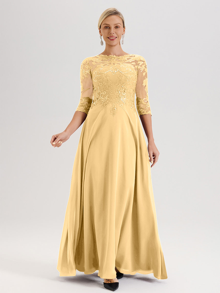 Cicinia Robe Mère De La Mariée En Or Col Ras Du Cou Manches Trois-Quarts En Chiffon Et Dentelle Longueur Au Sol