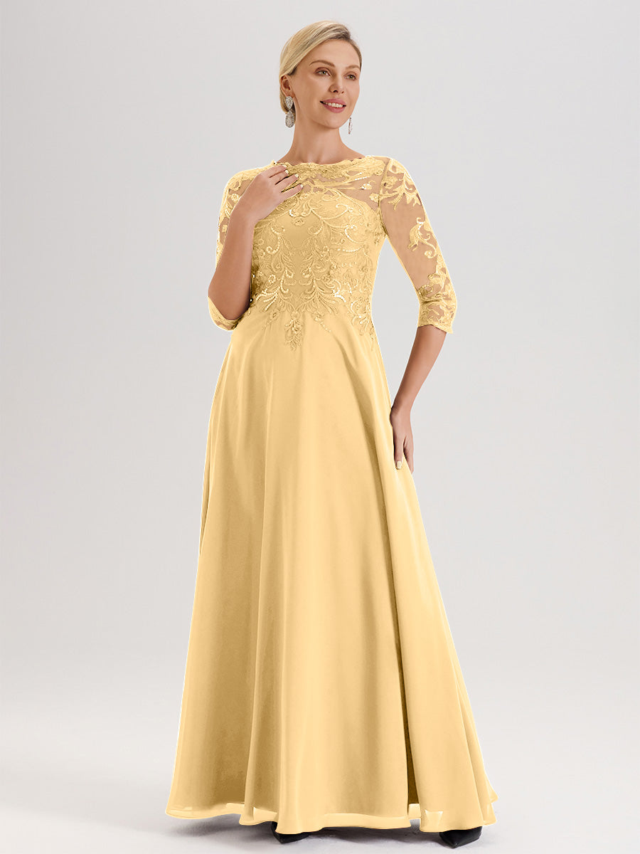 Cicinia Robe Mère De La Mariée En Or Col Ras Du Cou Manches Trois-Quarts En Chiffon Et Dentelle Longueur Au Sol