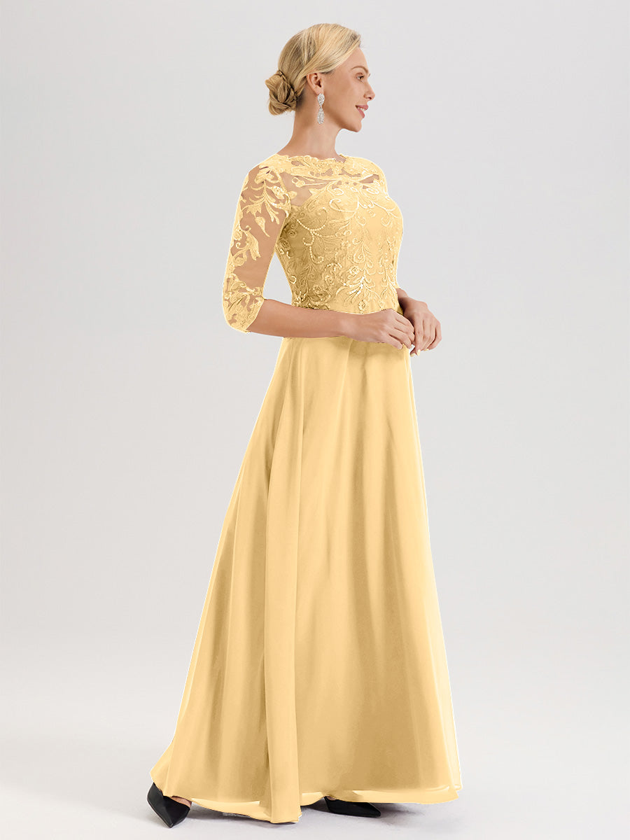 Cicinia Robe Mère De La Mariée En Or Col Ras Du Cou Manches Trois-Quarts En Chiffon Et Dentelle Longueur Au Sol