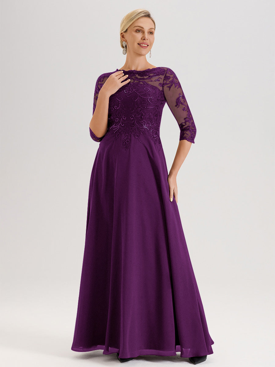 Cicinia Robe Mère De La Mariée En Raisin Col Ras Du Cou Manches Trois-Quarts En Chiffon Et Dentelle Longueur Au Sol