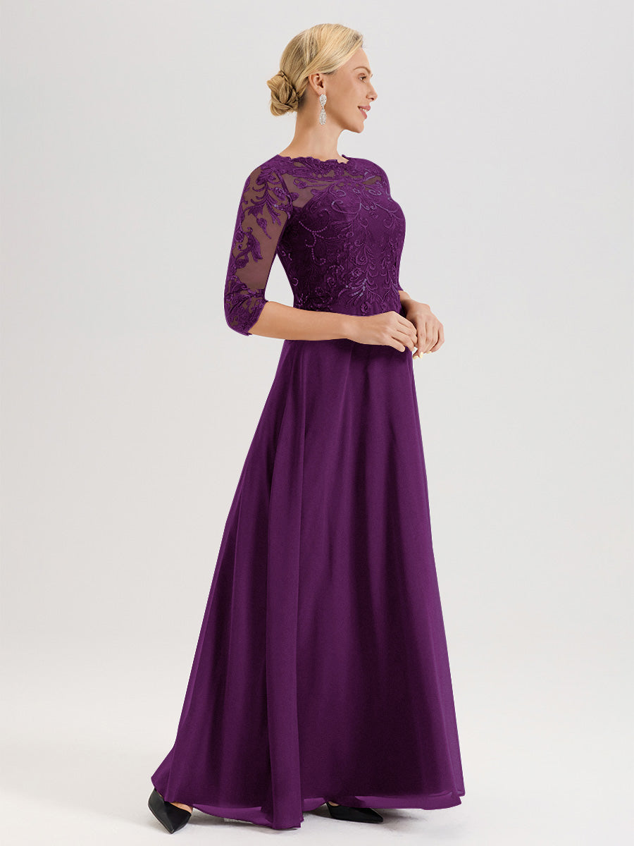 Cicinia Robe Mère De La Mariée En Raisin Col Ras Du Cou Manches Trois-Quarts En Chiffon Et Dentelle Longueur Au Sol