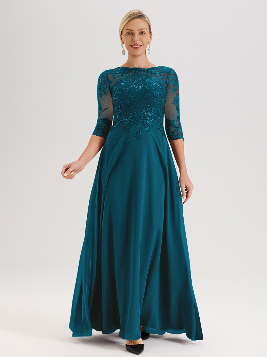 Cicinia Robe Mère De La Mariée Bleu Encre Col Ras Du Cou Manches Trois-Quarts En Chiffon Et Dentelle Longueur Au Sol