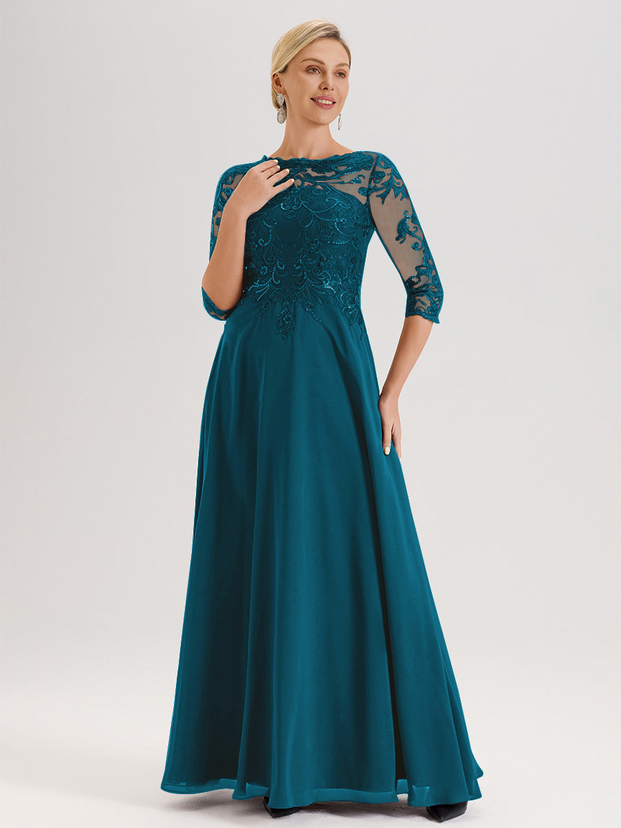Cicinia Robe Mère De La Mariée Bleu Encre Col Ras Du Cou Manches Trois-Quarts En Chiffon Et Dentelle Longueur Au Sol