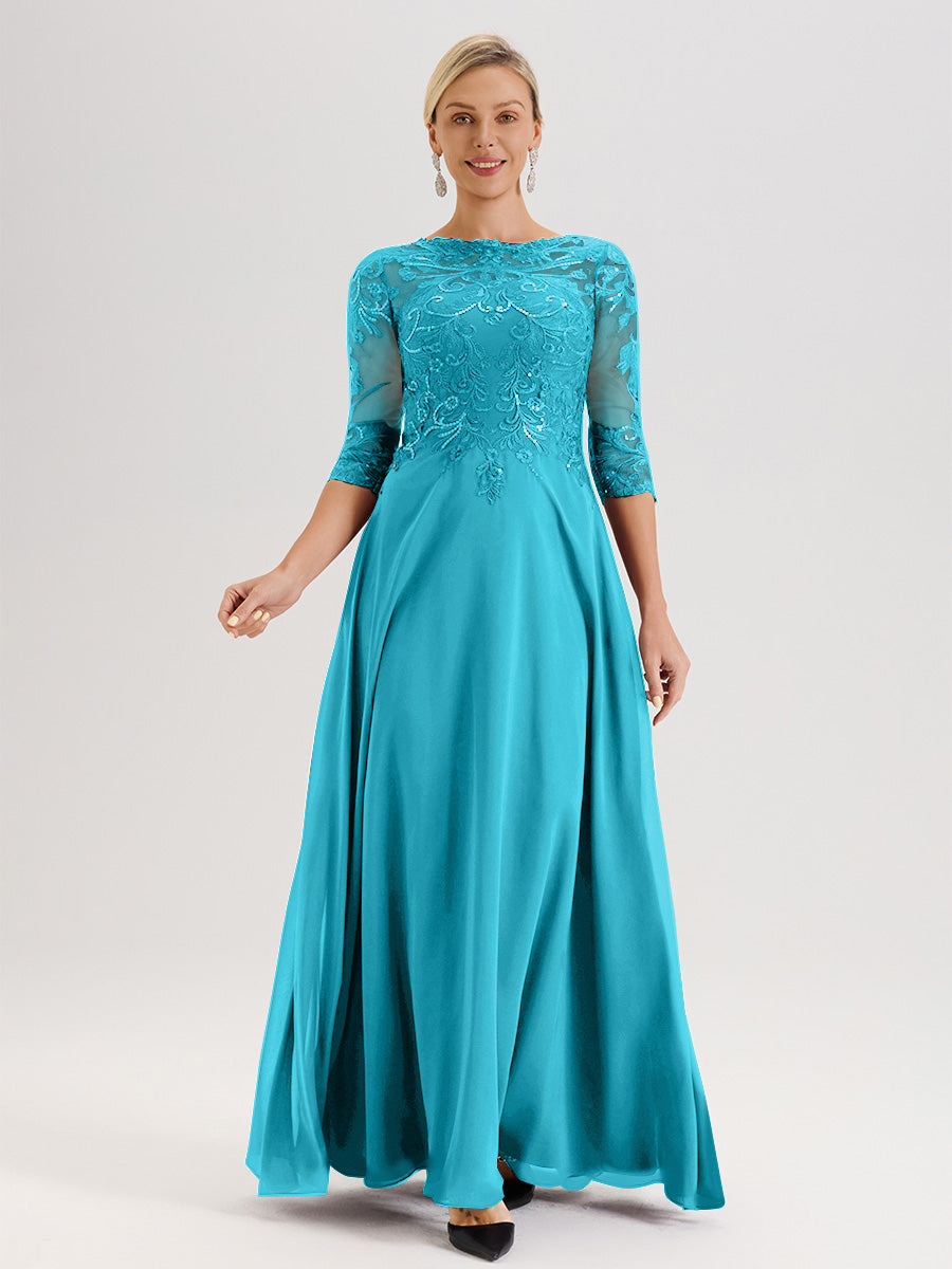 Cicinia Robe Mère De La Mariée Vert Jade Col Ras Du Cou Manches Trois-Quarts En Chiffon Et Dentelle Longueur Au Sol