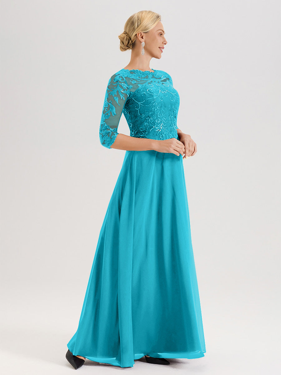 Cicinia Robe Mère De La Mariée Vert Jade Col Ras Du Cou Manches Trois-Quarts En Chiffon Et Dentelle Longueur Au Sol