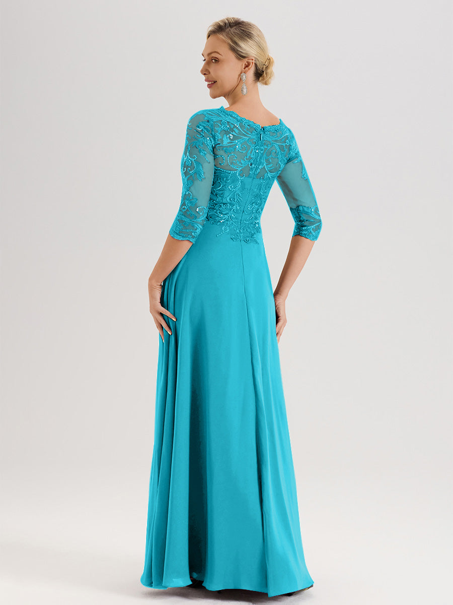 Cicinia Robe Mère De La Mariée Vert Jade Col Ras Du Cou Manches Trois-Quarts En Chiffon Et Dentelle Longueur Au Sol