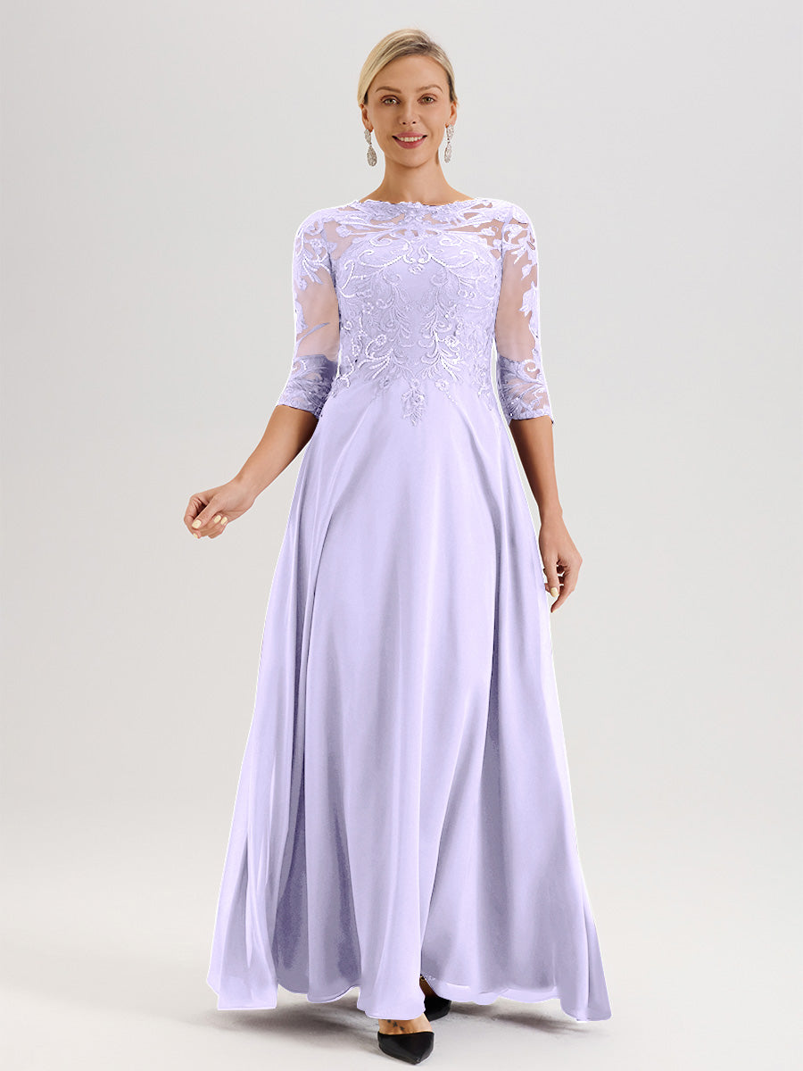 Cicinia Robe Mère De La Mariée Lilas Col Ras Du Cou Manches Trois-Quarts En Chiffon Et Dentelle Longueur Au Sol