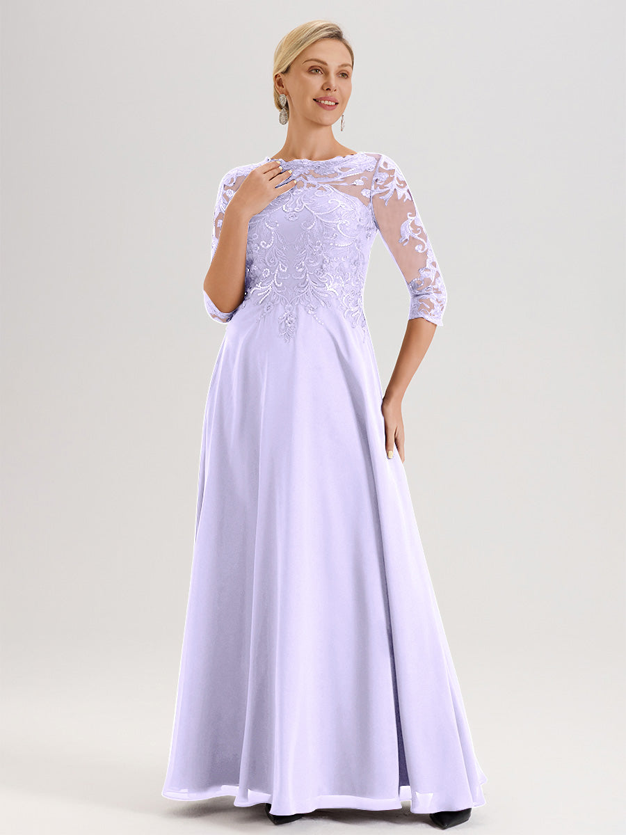 Cicinia Robe Mère De La Mariée Lilas Col Ras Du Cou Manches Trois-Quarts En Chiffon Et Dentelle Longueur Au Sol