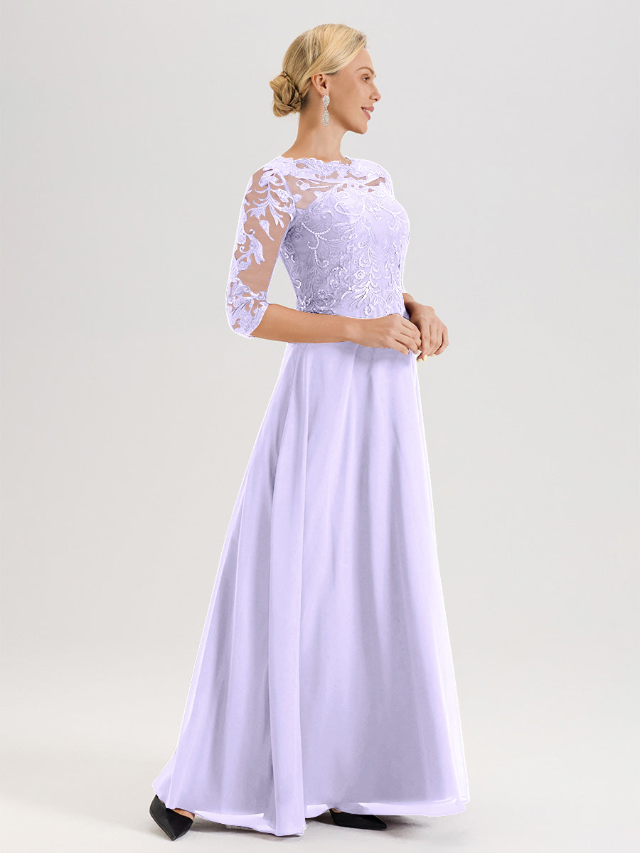 Cicinia Robe Mère De La Mariée Lilas Col Ras Du Cou Manches Trois-Quarts En Chiffon Et Dentelle Longueur Au Sol