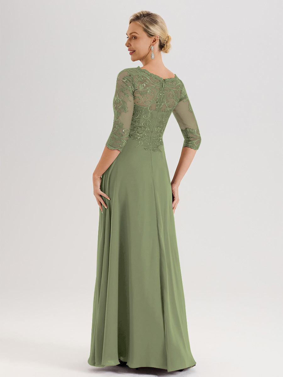 Cicinia Robe Mère De La Mariée Olive Col Ras Du Cou Manches Trois-Quarts En Chiffon Et Dentelle Longueur Au Sol