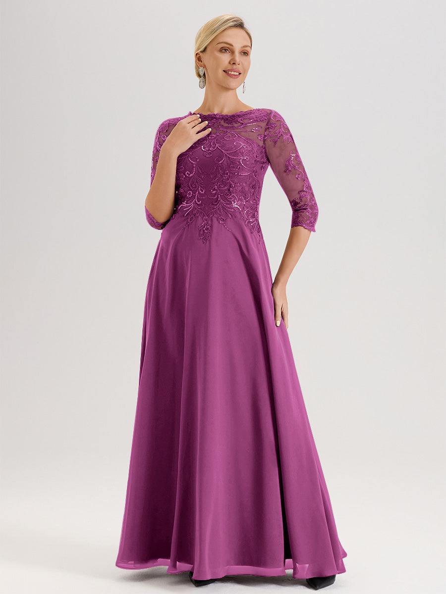 Cicinia Robe Mère De La Mariée Orchidée Col Ras Du Cou Manches Trois-Quarts En Chiffon Et Dentelle Longueur Au Sol