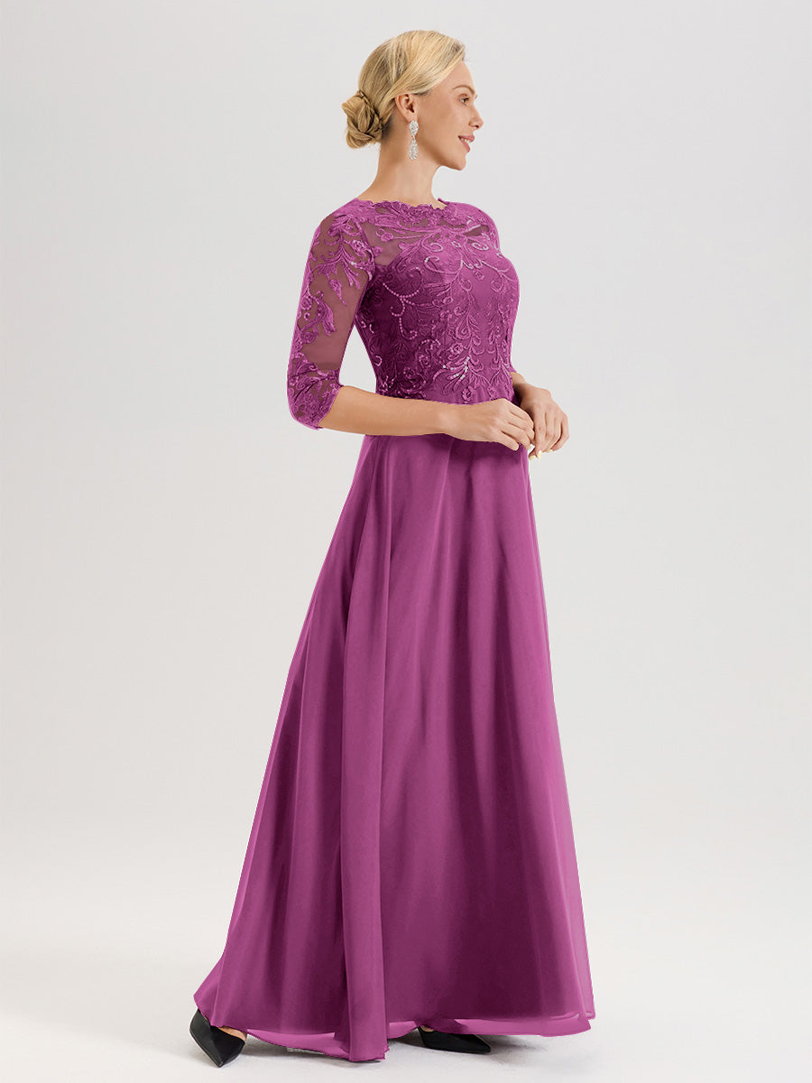 Cicinia Robe Mère De La Mariée Orchidée Col Ras Du Cou Manches Trois-Quarts En Chiffon Et Dentelle Longueur Au Sol