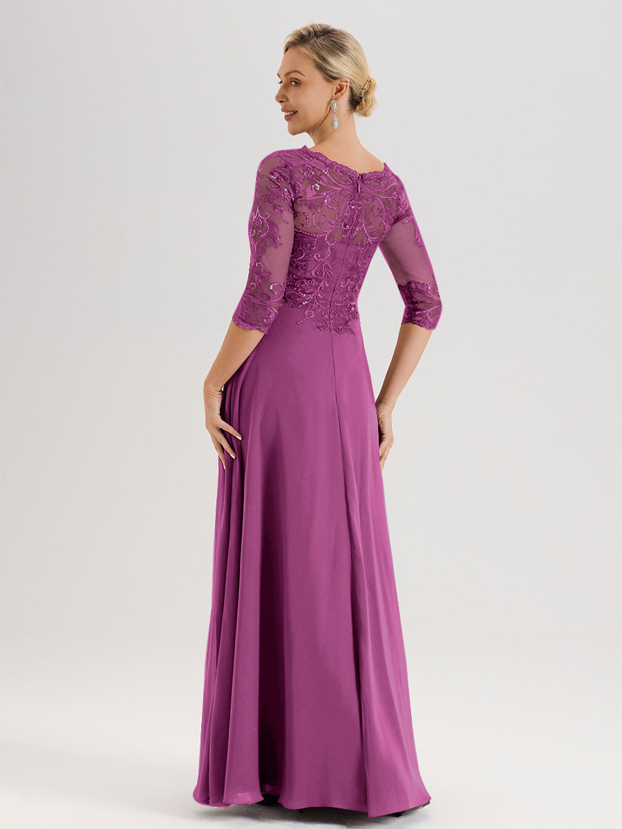 Cicinia Robe Mère De La Mariée Orchidée Col Ras Du Cou Manches Trois-Quarts En Chiffon Et Dentelle Longueur Au Sol