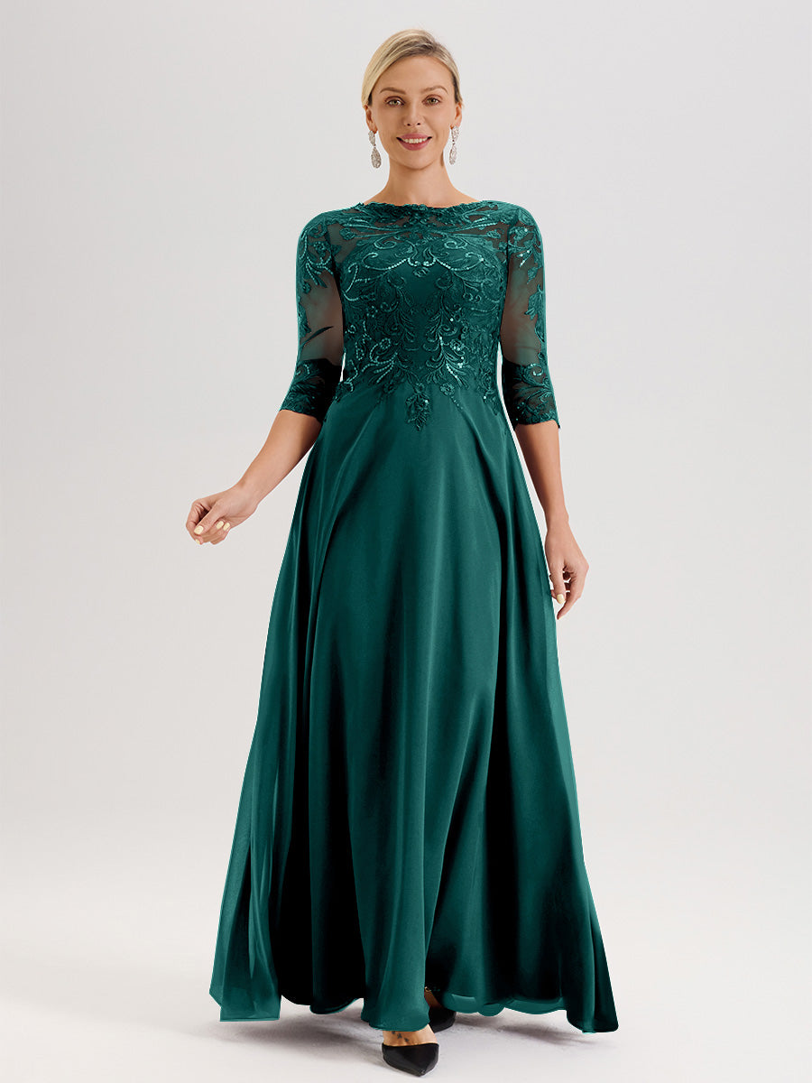 Cicinia Robe Mère De La Mariée Couleur Paon Col Ras Du Cou Manches Trois-Quarts En Chiffon Et Dentelle Longueur Au Sol
