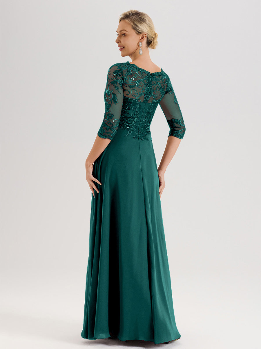 Cicinia Robe Mère De La Mariée Couleur Paon Col Ras Du Cou Manches Trois-Quarts En Chiffon Et Dentelle Longueur Au Sol
