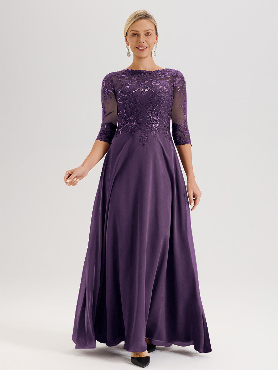 Cicinia Robe Mère De La Mariée En Plum Col Ras Du Cou Manches Trois-Quarts En Chiffon Et Dentelle Longueur Au Sol