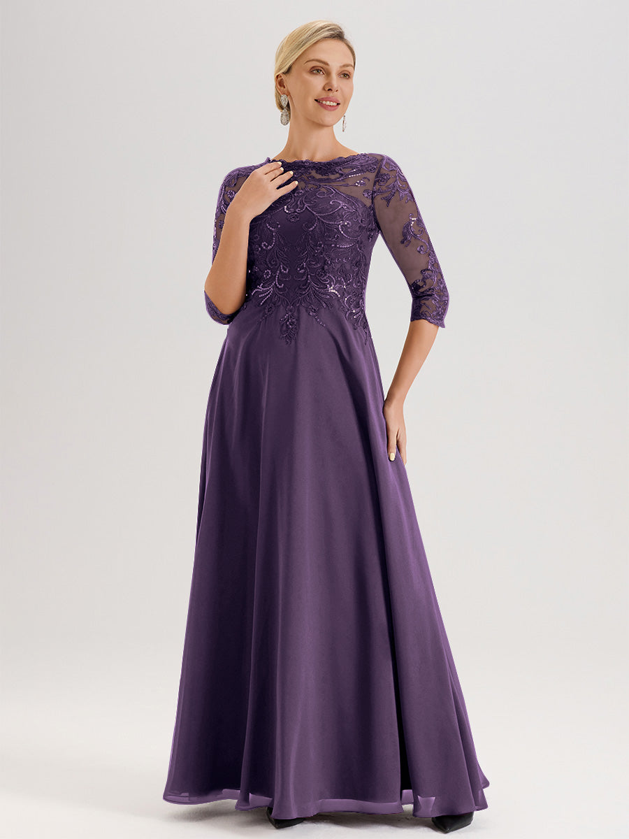 Cicinia Robe Mère De La Mariée En Plum Col Ras Du Cou Manches Trois-Quarts En Chiffon Et Dentelle Longueur Au Sol