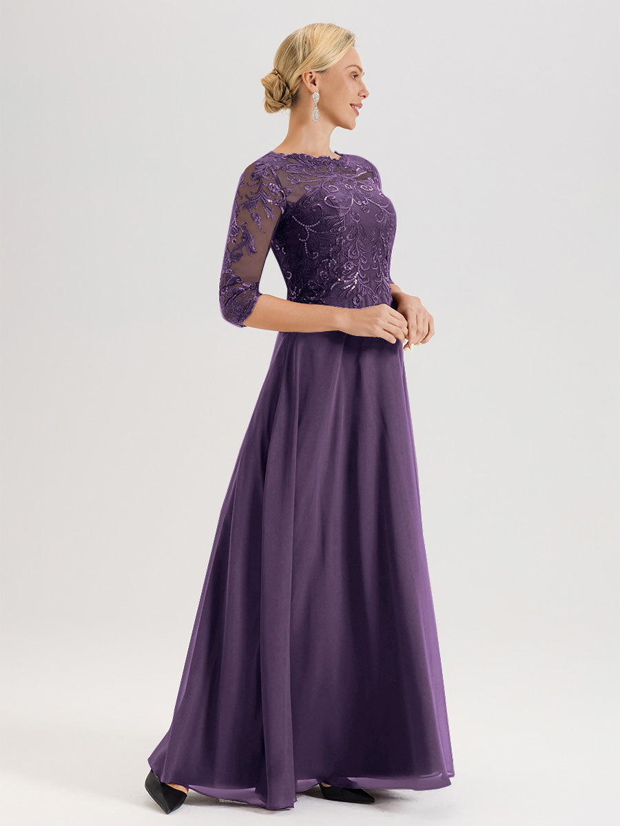 Cicinia Robe Mère De La Mariée En Plum Col Ras Du Cou Manches Trois-Quarts En Chiffon Et Dentelle Longueur Au Sol