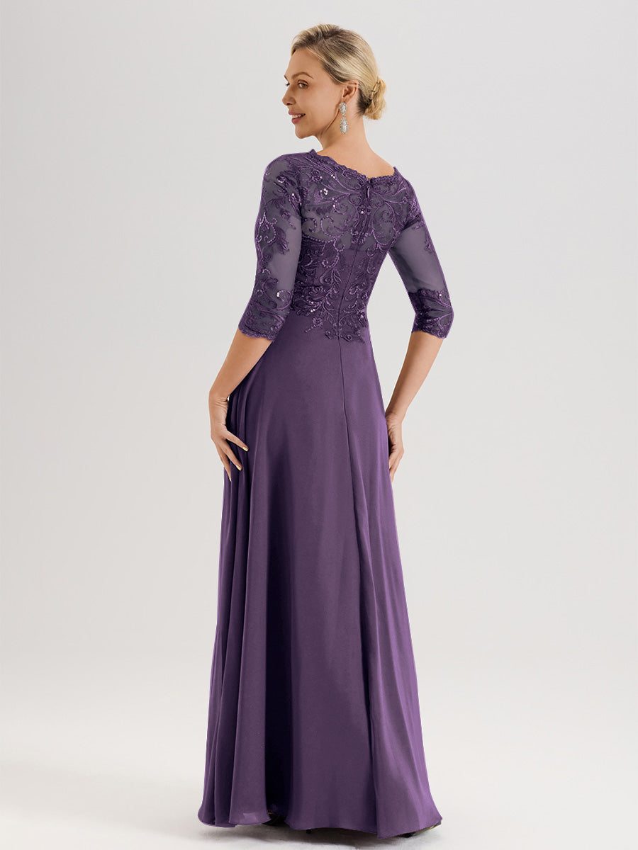 Cicinia Robe Mère De La Mariée En Plum Col Ras Du Cou Manches Trois-Quarts En Chiffon Et Dentelle Longueur Au Sol
