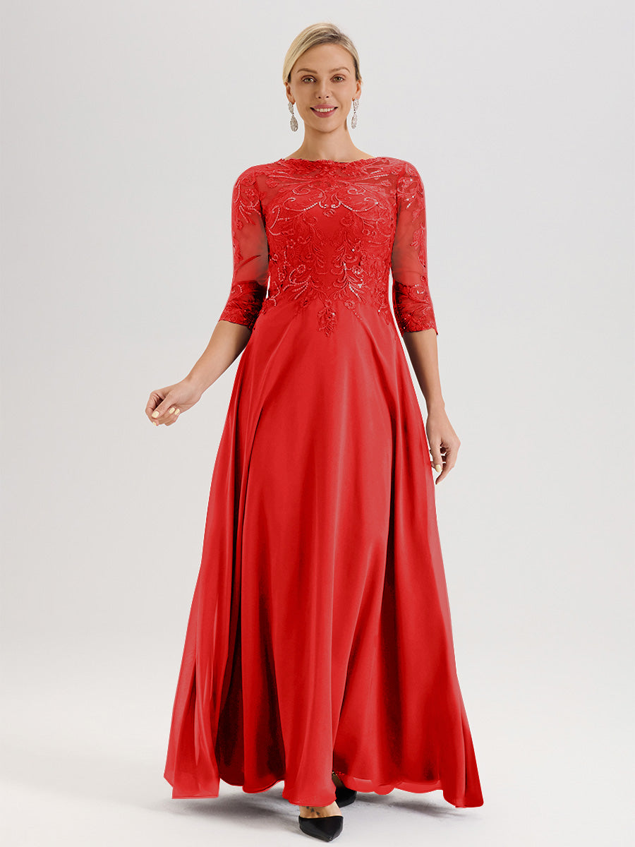 Cicinia Robe Mère De La Mariée Rouge Col Ras Du Cou Manches Trois-Quarts En Chiffon Et Dentelle Longueur Au Sol