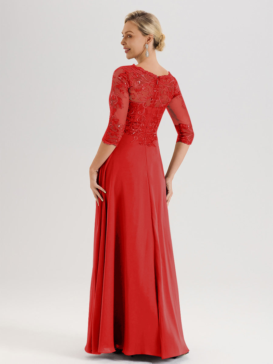 Cicinia Robe Mère De La Mariée Rouge Col Ras Du Cou Manches Trois-Quarts En Chiffon Et Dentelle Longueur Au Sol