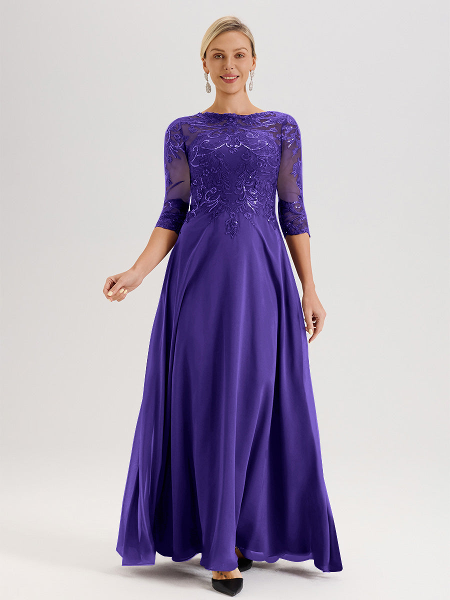 Cicinia Robe Mère De La Mariée En Régence Col Ras Du Cou Manches Trois-Quarts En Chiffon Et Dentelle Longueur Au Sol