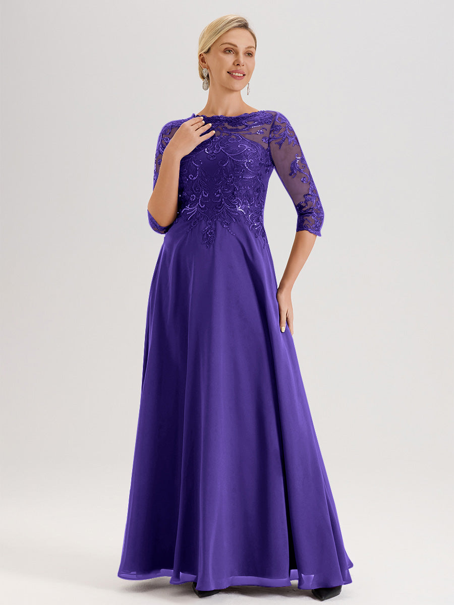 Cicinia Robe Mère De La Mariée En Régence Col Ras Du Cou Manches Trois-Quarts En Chiffon Et Dentelle Longueur Au Sol