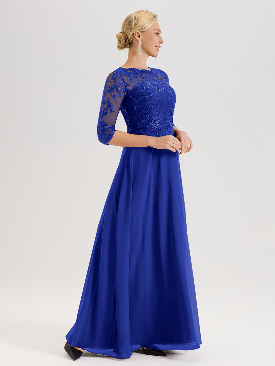 Cicinia Robe Mère De La Mariée Bleu Royal Col Ras Du Cou Manches Trois-Quarts En Chiffon Et Dentelle Longueur Au Sol