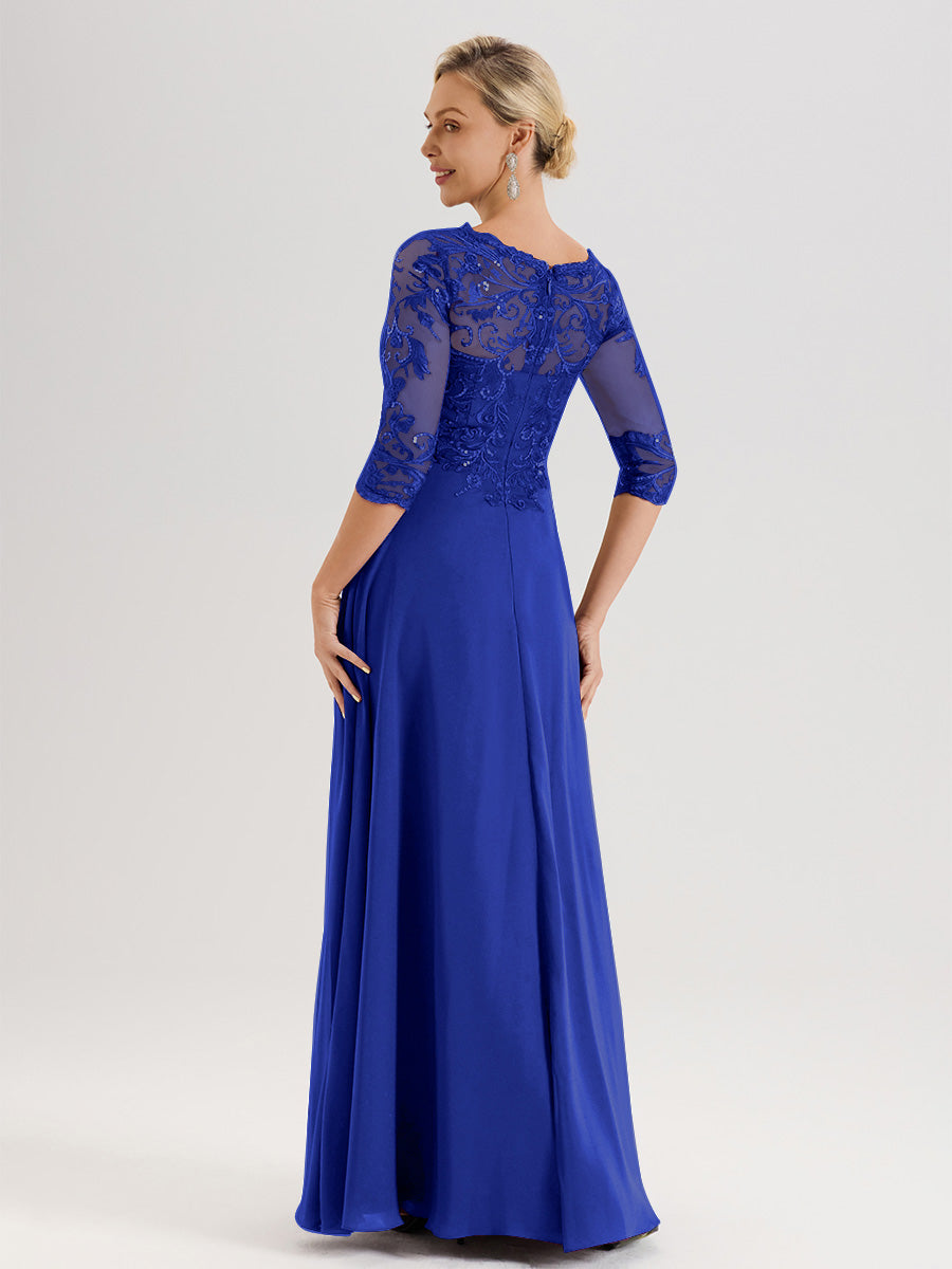 Cicinia Robe Mère De La Mariée Bleu Royal Col Ras Du Cou Manches Trois-Quarts En Chiffon Et Dentelle Longueur Au Sol