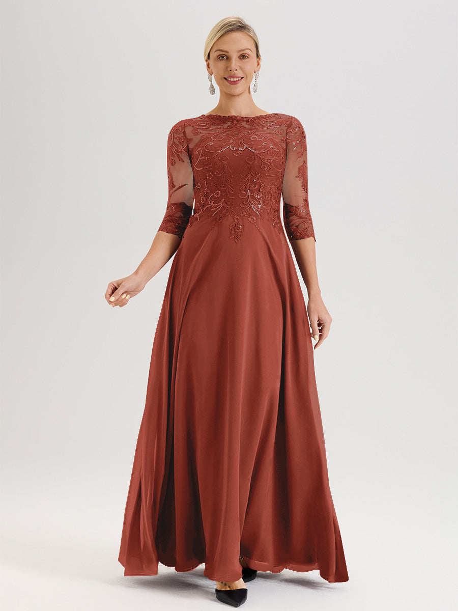 Cicinia Robe Mère De La Mariée Couleur Rouille Col Ras Du Cou Manches Trois-Quarts En Chiffon Et Dentelle Longueur Au Sol
