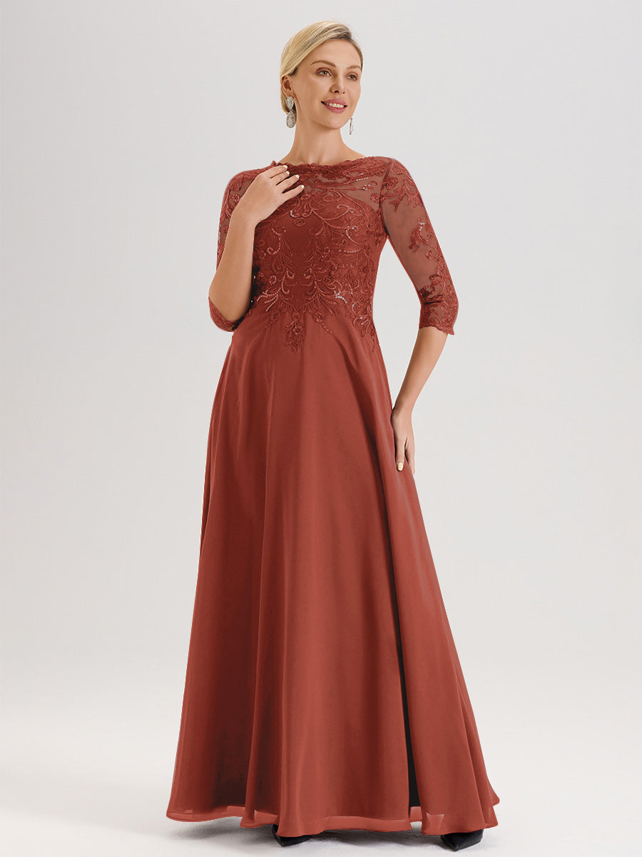 Cicinia Robe Mère De La Mariée Couleur Rouille Col Ras Du Cou Manches Trois-Quarts En Chiffon Et Dentelle Longueur Au Sol