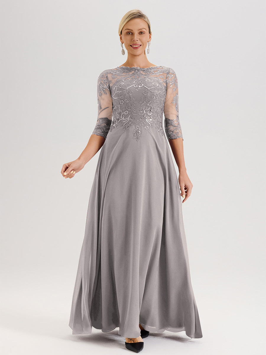 Cicinia Robe Mère De La Mariée Argenté Col Ras Du Cou Manches Trois-Quarts En Chiffon Et Dentelle Longueur Au Sol