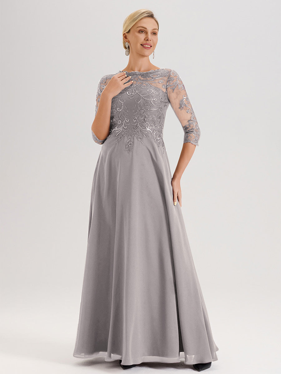 Cicinia Robe Mère De La Mariée Argenté Col Ras Du Cou Manches Trois-Quarts En Chiffon Et Dentelle Longueur Au Sol