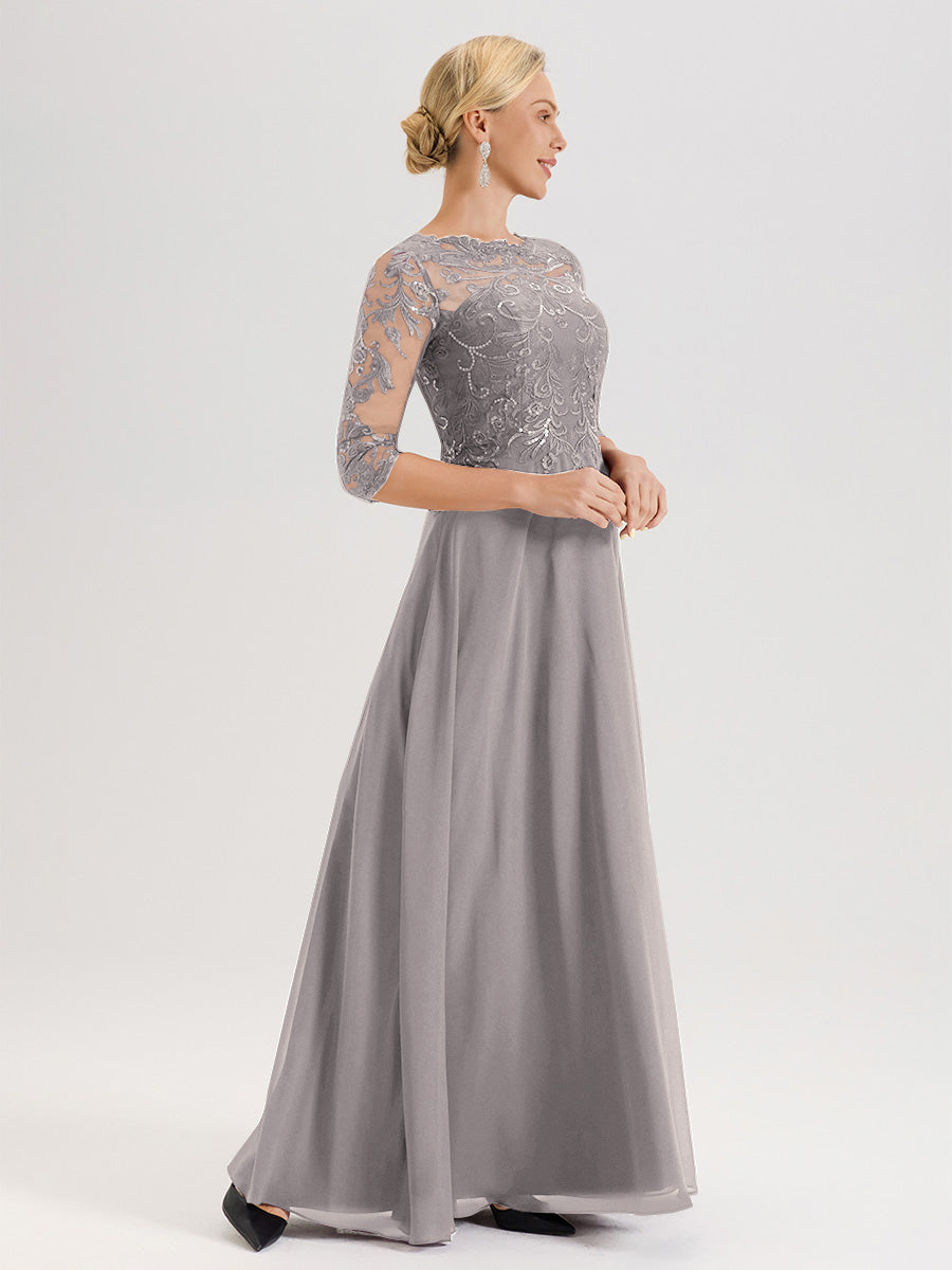 Cicinia Robe Mère De La Mariée Argenté Col Ras Du Cou Manches Trois-Quarts En Chiffon Et Dentelle Longueur Au Sol
