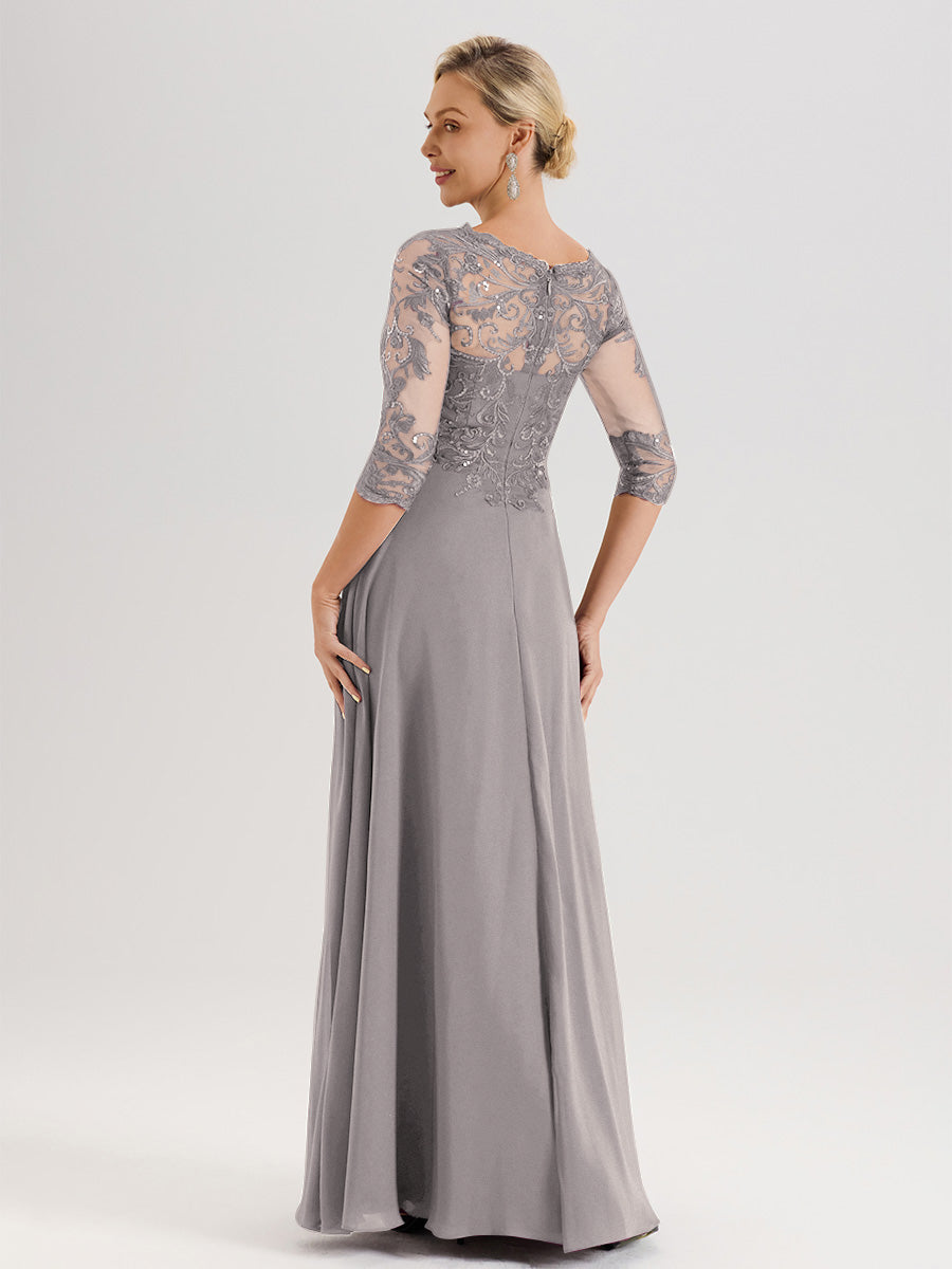 Cicinia Robe Mère De La Mariée Argenté Col Ras Du Cou Manches Trois-Quarts En Chiffon Et Dentelle Longueur Au Sol