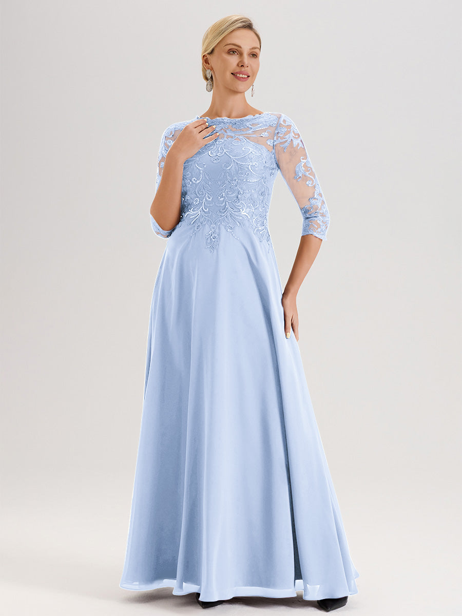 Cicinia Robe Mère De La Mariée Bleu Ciel Col Ras Du Cou Manches Trois-Quarts En Chiffon Et Dentelle Longueur Au Sol