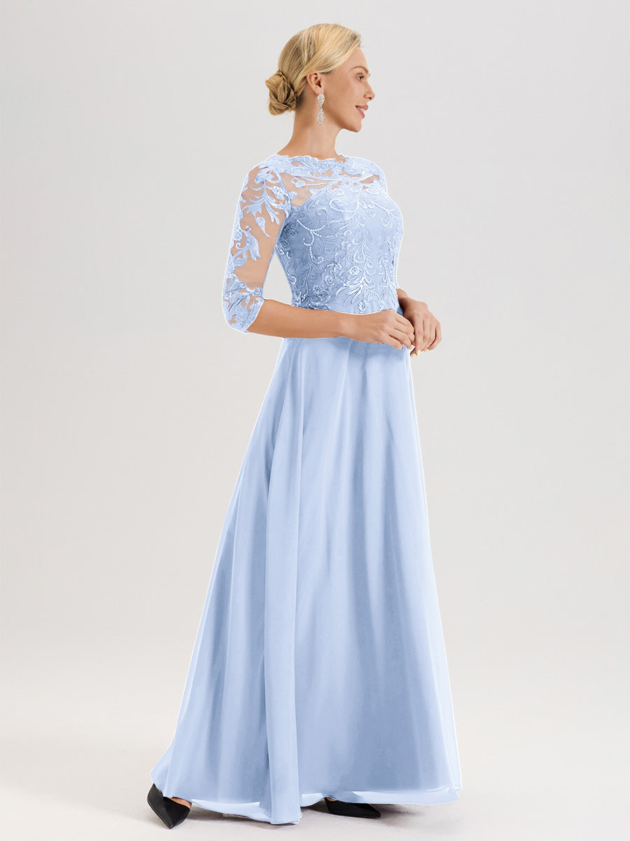 Cicinia Robe Mère De La Mariée Bleu Ciel Col Ras Du Cou Manches Trois-Quarts En Chiffon Et Dentelle Longueur Au Sol