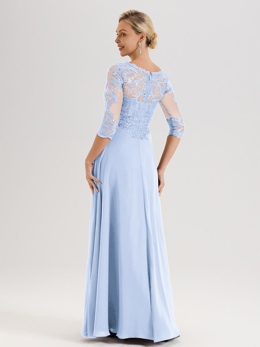 Cicinia Robe Mère De La Mariée Bleu Ciel Col Ras Du Cou Manches Trois-Quarts En Chiffon Et Dentelle Longueur Au Sol