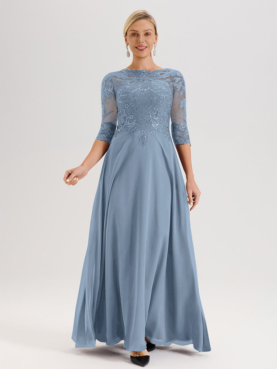 Cicinia Robe Mère De La Mariée Bleu De Schiste Col Ras Du Cou Manches Trois-Quarts En Chiffon Et Dentelle Longueur Au Sol