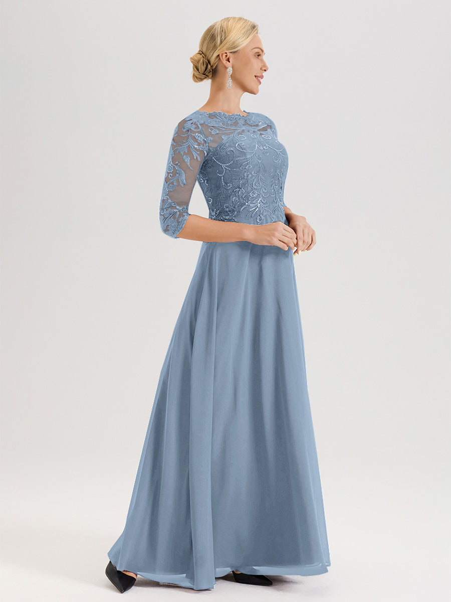 Cicinia Robe Mère De La Mariée Bleu De Schiste Col Ras Du Cou Manches Trois-Quarts En Chiffon Et Dentelle Longueur Au Sol