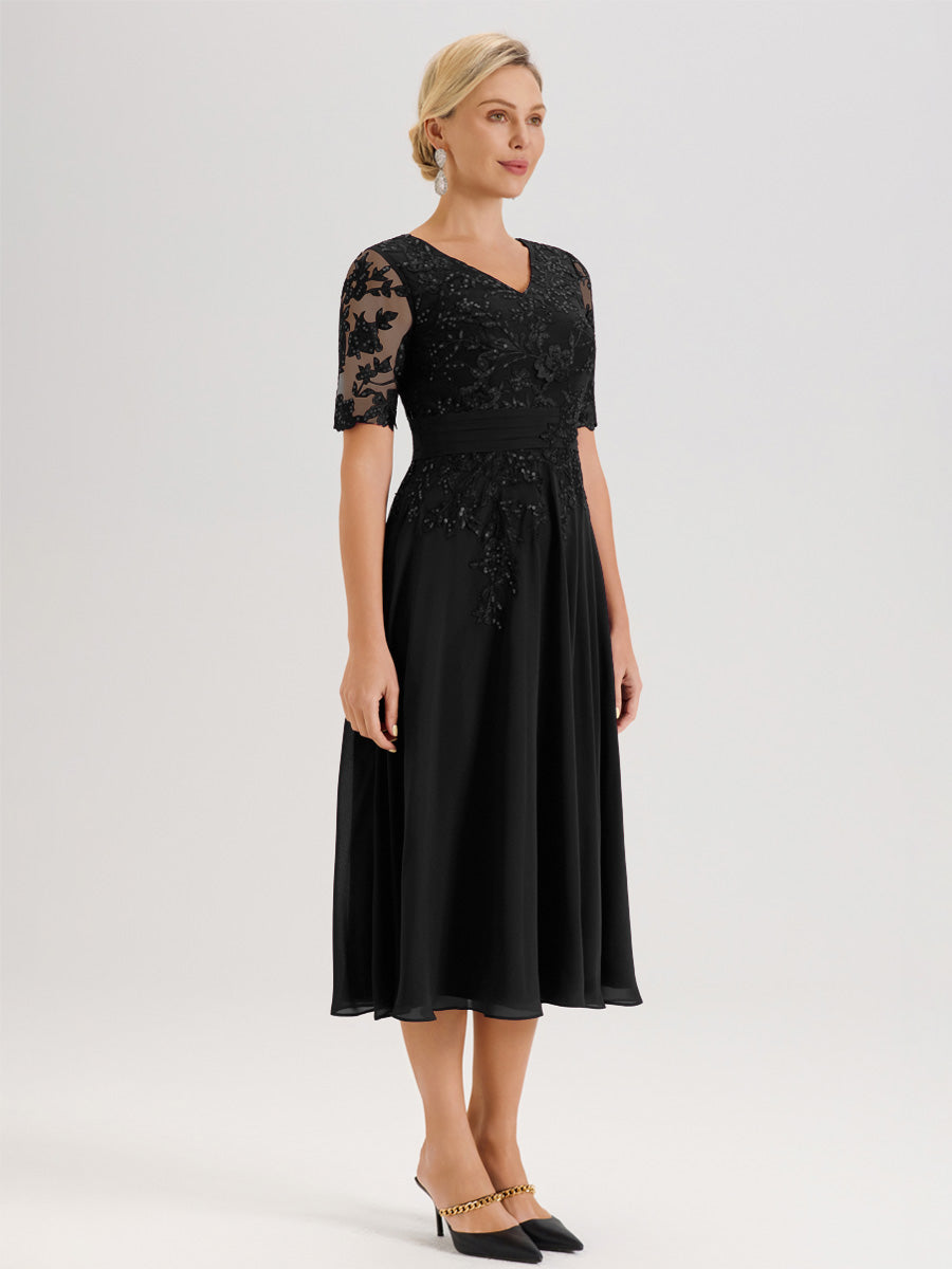 Cicinia Robe Mère De La Mariée Moderne Noir Décolleté En V Manches Courtes Longueur Mi-Mollet