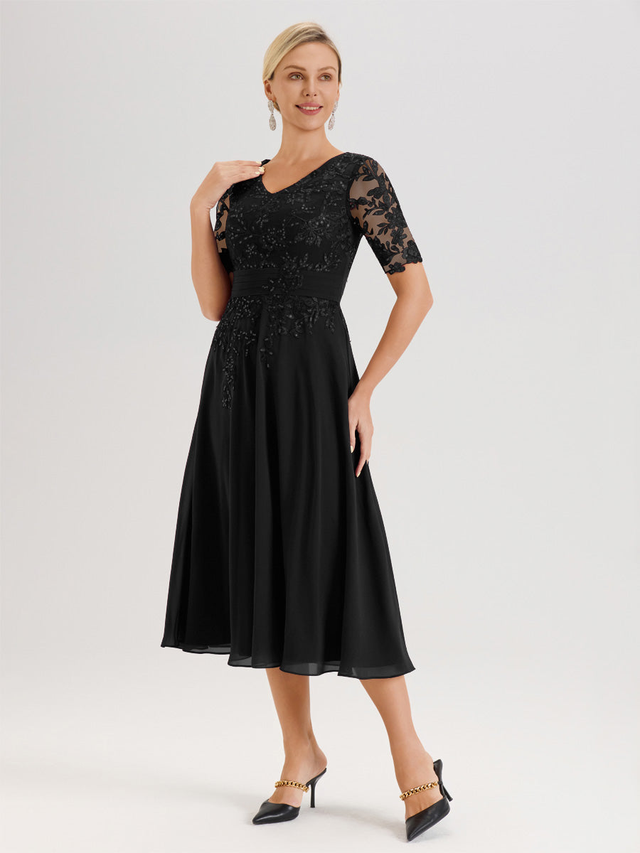Cicinia Robe Mère De La Mariée Moderne Noir Décolleté En V Manches Courtes Longueur Mi-Mollet