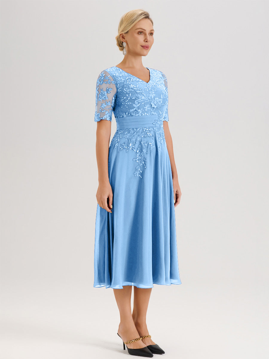 Cicinia Robe Mère De La Mariée Moderne Bleu Décolleté En V Manches Courtes Longueur Mi-Mollet