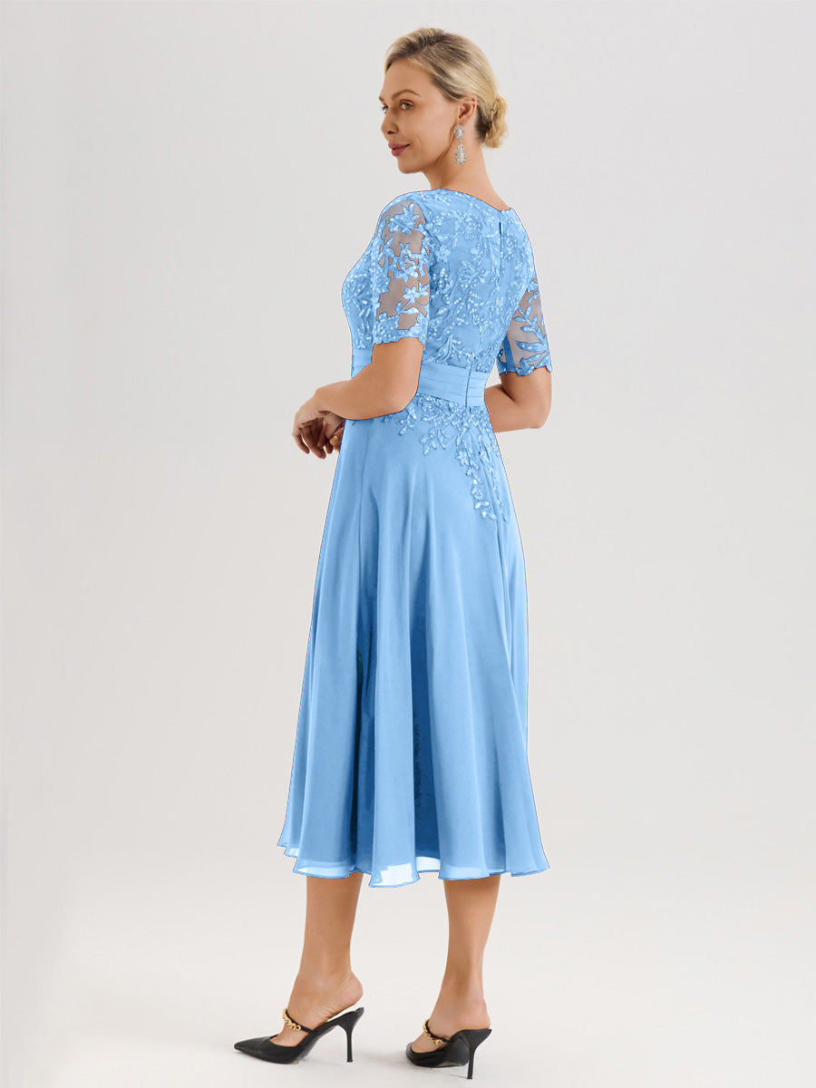Cicinia Robe Mère De La Mariée Moderne Bleu Décolleté En V Manches Courtes Longueur Mi-Mollet