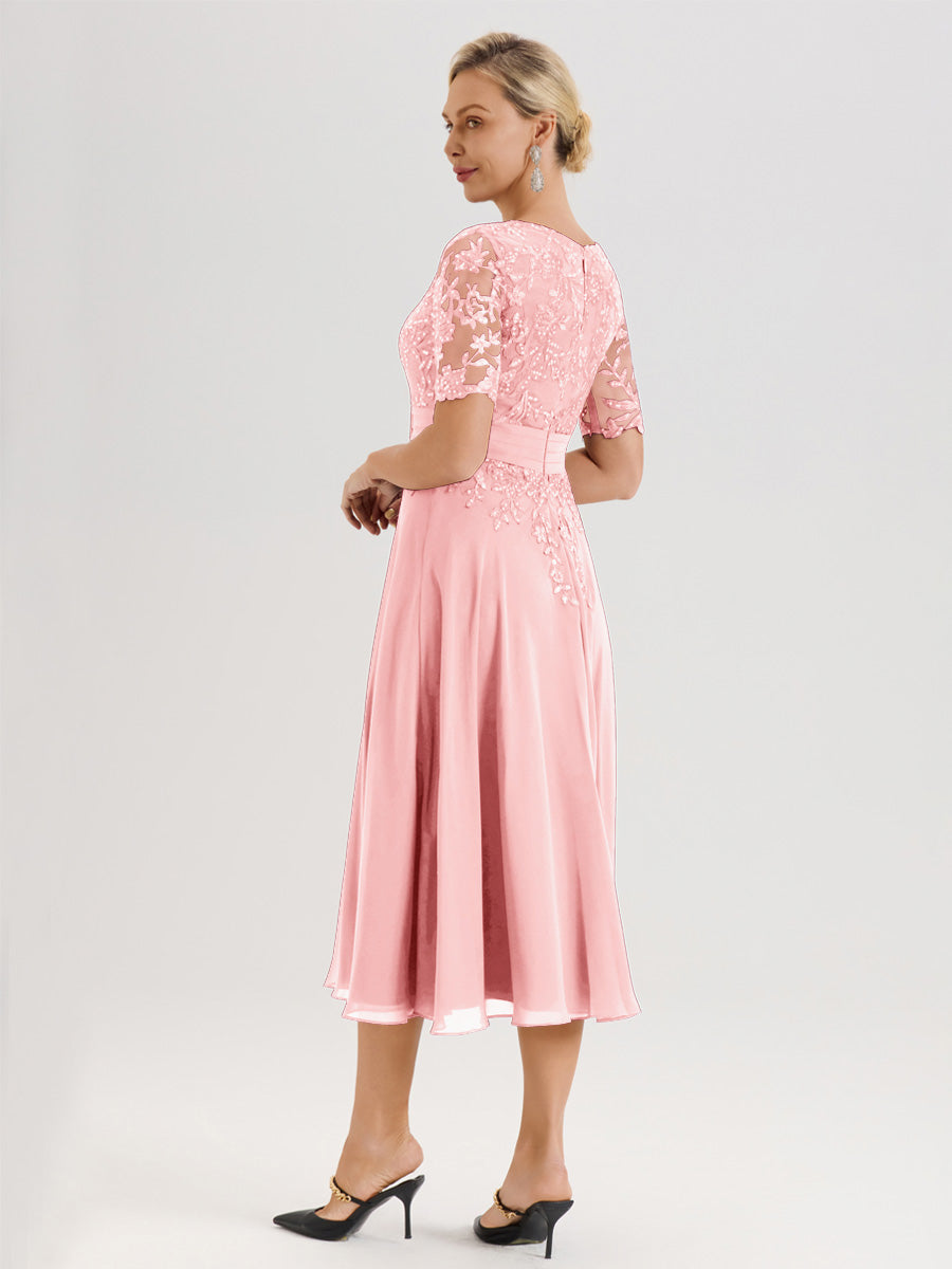Cicinia Robe Mère De La Mariée Moderne En Rose Décolleté En V Manches Courtes Longueur Mi-Mollet