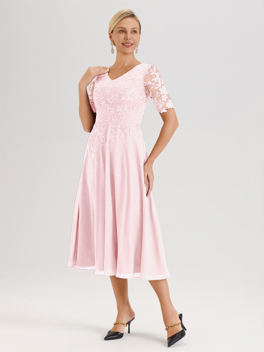 Cicinia Robe Mère De La Mariée Moderne Rose Pale Décolleté En V Manches Courtes Longueur Mi-Mollet