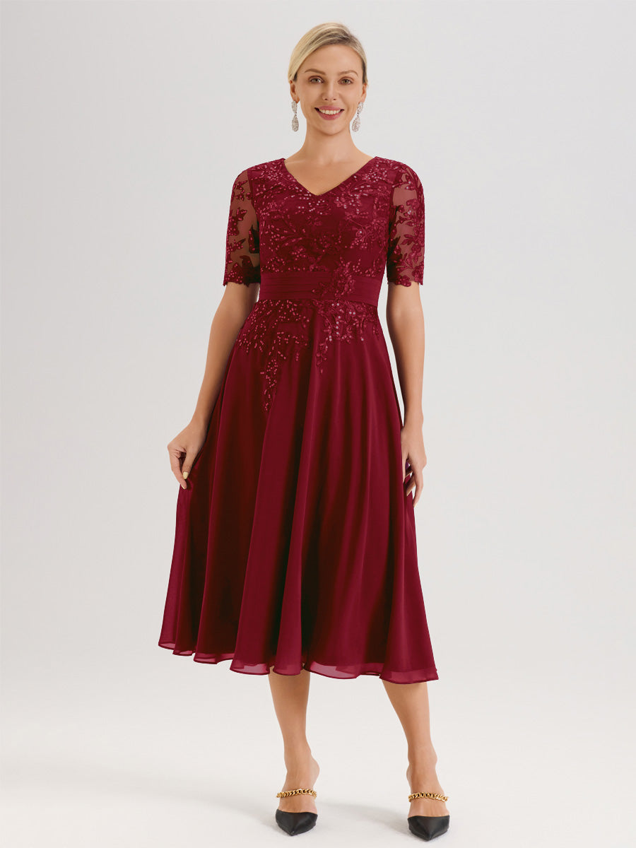Cicinia Robe Mère De La Mariée Moderne Rouge Bordeaux Décolleté En V Manches Courtes Longueur Mi-Mollet